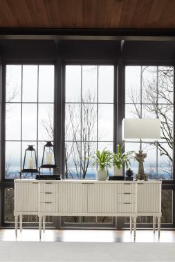 Room Scene: HC7245-70S Plaited Buffet with Royal White Marble Top shown in Chalk finish.