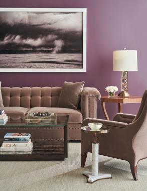 Room Scene: HC123-89 Kent Sofa shown in fabric HC211-85 with two 24" x 24" throw pillows in fabric 211-85, standard Old Brass nail trim and Dark Walnut finish, HC3080-10 Krystal Cocktail Table shown in Kohl finish, HC9507-24 Giles Chair shown in fabric HC211-85 and Dark Walnut finish, HCP9175-STK Corrin Spot Table and HCP292-STK  Darcy End Table.