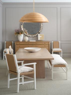 Room Scene: HC1348-70 Lancaster Dining Table shown in Baja finish: HC1312-30 Aix-En-Provence Bench shown in fabric HC703-13 Grade:70 with Dove White
finish; HC1572-70 Hervé Dresser shown in Natural finish and C1309-22 Aix-en-Provence Chair shown in fabric HC703-13 Grade:70 with Dove White finish.