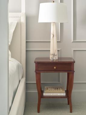 Room Scene: HC1584-70 West Paces Nightstand shown in Tawny finish with Golden Brass hardware and HC1355-10 Normandy King Bed shown in HC703-13 fabric and Dove White finish.