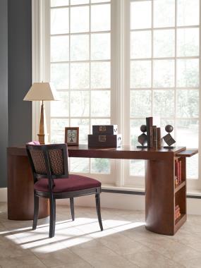 Room Scene: HC295-70 Pilar Library Table shown in Tortoise finish; HC9851-02  Gabrielle Dining Chair Shown in fabric HC457-04 with back shown in fabric HC477-09 and Kohl finish.