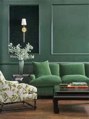 HC3302-05 Hayden Sofa shown in fabric HC2948-75, two 22” x 22” throw pillows in fabric HC2948-75   and Kohl finish, HC701-24 Maud Chair with Turned Stretchers shown in fabric HC450-76 and Kohl finish, HCP9082-10 Matou Square Cocktail Table shown in Matou Kohl finish and HCP9150-STK Alain Side Table shown in Alain Midnight Bronze metal finish.