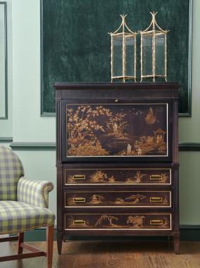 HC5374/HC5375-70 Alice Chest & Alice Deck shown in Kohl finish with striping and Artist Studio hand painted Chinoiserie in solid light gold and HC2602-23 Oxford Pull Up Chair shown in COM fabric with Truffle finish and Antique Brass nail trim.