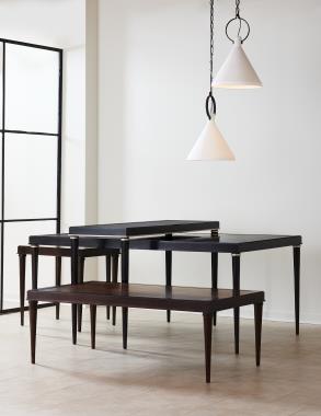 HC5378-51 Finley M2M Dining Table/Desk and HC5379-51 Finley M2M Console in optional Kohl finish with optional Platinum Striping with COV® Maple top. HC5376-51 Finley M2M Cocktail Table shown in optional Dark Walnut finish with optional Antique Rub Light Gold striping . HC5377-51 Finley M2M Side Table shown in optional Espresso finish with optional contrasting Truffle finish on COV® Ash top.
