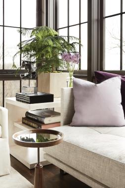 Room Scene:  HC7203-84 Tete-a-Tete Chaise shown with standard Browned Steel base with Bronze feet and Body Body Fabric HC4544-16, (2) 22” throw pillows in COM and (2) 20” throw pillows in COM, HC7288-10 Diad Drink Table shown in Diad finish, HC7282-70 Lamina End Table shown in optional Weathered White paint and HC7209-21 Box Back Bergere with Dressmaker Skirt shown in HC2947-11 fabric with standard kidney pillow in  HC177-34 fabric.