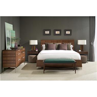 Room Scene: HC761-K  Hamlin Wood King Bed shown in Truffle finish with Antique Silver metal legs; HC767-70  Hamlin Dresser shown in Chestnut finish with Antique Silver tall metal legs; HC766-70  Hamlin One Drawer Nightstand shown in Truffle finish with Antique Bronze metal legs; PE138-00  Carla Long Bench shown in COL leather with Espresso finish and PE6517-50 Maisie Ottoman shown in HC459-34 fabric.