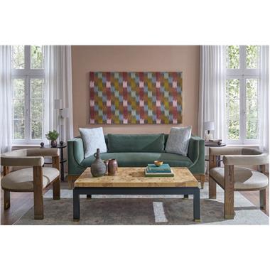 Room Scene: HC8544-86 Lunel Sofa shown in HC3087-62 body/back cushion fabric and HC457-82 welt with HC474-32 fabric on back cushions and Hable Grey finish, HC8557-70 Zeen Cocktail Table shown in Natural on top and Weathered Black finish  shown in on base and HC8687-70 Chad Side Table shown in Shadow finish.