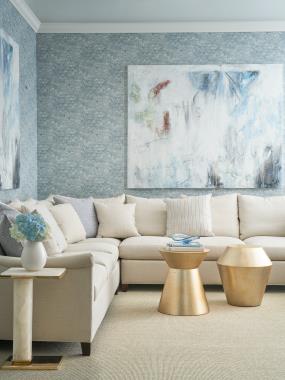 HC9509-LAS/CC/AS Jules Sectional shown with AR1 Arm, KE Back Cushion, B2 Base, fabric HC2331-11 with Dark Walnut finish; HC3088-70 Brooke Spot Table shown in Patina finish; HC3087-70 Brooks Spot table shown in Patina finish and HCP9182-STK Giselle Spot Table shown in Alabaster and Polished Brass.