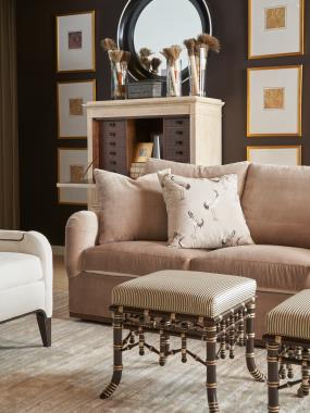 HC9509-S2 Jules Configurable Sofa with AR3 Saddle Arm, B5 Wood Trim Base shown in Truffle finish and HC297-13 fabric; HC9507-24 Giles Chair shown in Ebony finish with HC365-10 fabric; 
 HC5374-70/ HC5375-70 Alice Deck and Chest shown in Alabaster finish and HC6318-88 Faux Bamboo Bench shown in optional Espresso and Antique Rub Light Gold Striping finish.