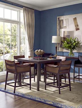 Room Scene: HCP5700-STK Gunnison Counter Stool in Brown Leather, HCP5701-STK Gunnison Counter Stool in Black Leather, HC4743-51 Thorpe M2M Console Table with Ash top shown in Shadow finish and HC3091-70 Dennis Console shown in Espresso finish.