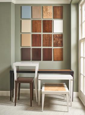 M2M Tables POP Wall: HC2493-51 Milo M2M Console Table shown in Chalk finish with Maple veneer top insert; HC4751-51 Tessa M2M Side Table shown in Tortoise finish with Maple veneer top insert; HC4751-51 Tessa M2M Cocktail Table shown in Chalk finish with clear coat on Burl veneer top insert; HC5378-51 Finley M2M Console Table shown in Kohl finish with Natural finish on Walnut veneer top insert and HC178-51 Hutton M2M Dining/Game Table shown in Weathered White finish with Ash veneer top insert.