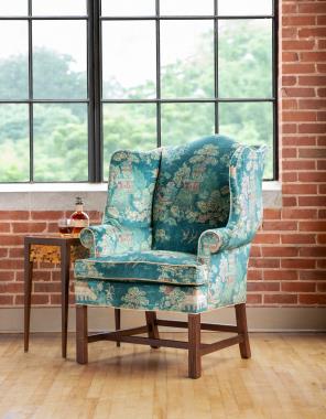 Room Scene: HC1271-55 Townsend Wing Chair shown in HC801-74 LIBERTY fabric and Truffle finish; HCP286-STK Rufty Side Table.