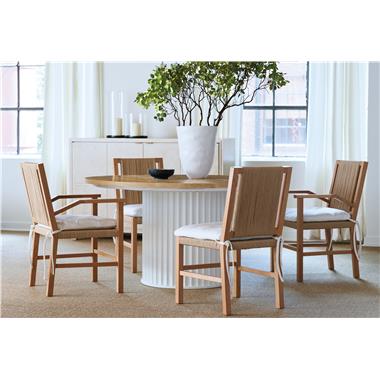 Room Scene:  HC1346-70W Landers Dining Table shown in Dove White paint base with Scrubbed Ash top, HC1312-01 Aix-en-Provence Arm Chair and HC1312-02 Side Chair shown in optional Clear Coat Lacquer in fabric HC2393-10 and HC1393-70 Verdun Tall Cabinet in Alabaster paint.