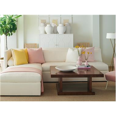 Room Scene: HC1679-70 Chase Reeded Square Cocktail Table shown in optional Tawny finish, HC1307-23 Loire Chair shown in optional Swedish White paint and in fabric COM, HC1301-46 Lorraine RAF Sofa as special construction without arm, as 43 by 40-inches and without button tufting and HC1301-47 Lorraine LAF Chaise as a special construction
with arm extended to 45-inches and without button tufting and shown in standard Light Walnut finish and in fabric HC2651-10, HC1312-02 Aix-en-Provence Side Chairs shown in optional Clear Coat finish and in fabric HC2393-10 and HC1544-70 Blackland Cabinet shown in optional Dove White paint.