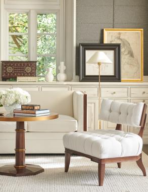 Room Scene:  HC3415-60 Wellesley Settee shown in fabric HC328-10, HC3408-23 Carlyle Chair shown in fabric HC327-11 and both shown in standard Truffle finish; HCP3486-STK Avino Side Table shown in standard Avino finish.