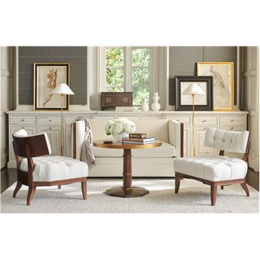 Room Scene:  HC3415-60 Wellesley Settee shown in fabric HC328-10, HC3408-23 Carlyle Chair shown in fabric HC327-11 and both shown in standard Truffle finish; HCP3486-STK Avino Side Table shown in standard Avino finish.