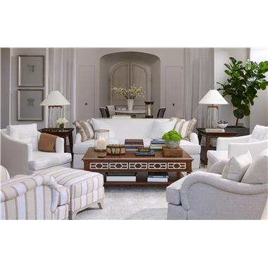 Room Scene: HC3425-90 Crowley Skirted Sofa, HC296-14, two striped throw pillows from David Phoenix in COM, HC3425-27 Crowley Swivel Chair and HC3422-21 Meredith Skirted Chair all shown in fabric HC298-10, HC3424-24 Crowley Lounge Chair and HC3424-29 Crowley Ottoman shown in fabric HC373-15 and in Lynx finish, HC3477-70 Verner Side Table shown in Truffle finish with optional hand-painted sabots in Solid Light Gold and HC3480-70 Mamounia Cocktail Table shown in Java finish with optional Taupe painted striping.