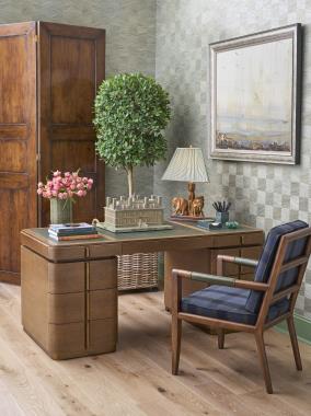 Room Scene: HC3435-70 Avery Desk shown in Chestnut finish and HC3427-01 Griswold Dining Chair shown in HC519-37 fabric with HC146 arm caps and Truffle finish.