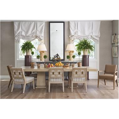 Room Scene: HC3507-70 Monterey Dining Table shown in Ecru finish; HC3437-01 Beal Dining Arm Chair shown in HC55 Colours Leather and Chesnut finish; HC3437-01 Beal Dining Side Chair shown in HC4539-16 fabric on seat and back with HC235-11 fabric on outside back and Ecru finish and HC3446-70 Hatton Credenza shown in Slate finish.