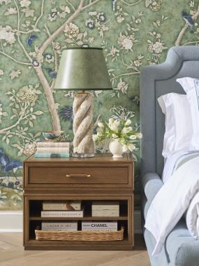 Room Scene: HC3513-70 Rooney 1 Drawer Nightstand shown in Chestnut finish and HC3437-K Carrington King Bed shown in HC511-32 fabric and Cream Linen finish.
