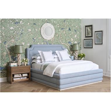 Room Scene: HC3437-K Carrington King Bed shown in HC511-32 fabric and Cream Linen finish and HC3513-70 Rooney 1 Drawer Nightstand shown in Chestnut finish.
