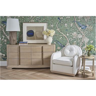 Room Scene: HC3459-70 Sparta Dresser shown in Ecru finish; HC3503-27 Mockingbird Swivel Chair shown in HC298-10 fabric with HC2399-16 all over welt and Sahara finish and HC3433-70 Natalie Accent Table shown in  Ecru finish.