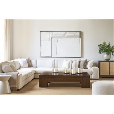  Room Scene: HC976048-70W Mikos Cocktail Table with Wood Top shown in standard Truffle
finish, HC4400-04R Vistage RAF Sofa and HC4400-05L Vistage LAF Corner Sofa
shown in standard Truffle finish with 12TA 12-Inch Track Arm, 12BL 12-Inch Block Foot,
BBB-Boxed Bordered Back and in fabric HC272-11 with standard throw pillows in fabric
HC401-10, HC4600-C1 Textures Two Door Credenza shown in standard Truffle finish
and with F6 Cane Doors in Clear Lacquer, ARB Arch Base, C1 Antique Brass knob and
P2 Centered on Inner Edge Door placement., HC3088-70 Brooke Spot Table shown in
optional Benjamin Moore 2135-70 Patriotic White with high gloss lacquer and HC130-30
Saturn Ottoman shown in fabric HC392-10.