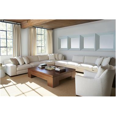  Room Scene: HC4400-04R Vistage RAF Sofa/HC4400-05L Vistage LAF Sofa/HC4400-11 Vistage Backless Chair/HC4400-10 Vistage Corner Chair shown in standard Truffle finish with 12TA 12-Inch Track Arm, 12BL 12-Inch Block Foot, BBB-Boxed Bordered Back shown in fabric HC272-11; HC9509-27C Jules Swivel Chair - AR2 Track Arm: B5 Wood Trim Swivel Base shown in Truffle finish and HC401-10  fabric; HC977254-70W Mikos Cocktail Table shown in Truffle finish and HC3088-70 Brooke Spot Table shown in optional Chalk finish.