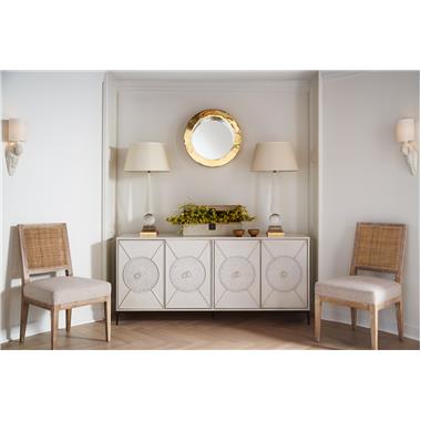 HC4600-C2 Textures Four Door Credenza shown in optional Chalk paint and with
F4 Circle Door and optional Radiating Dots Motif; MSB Metal Saber Leg Base- Overall height 32"; AG3 Antique Silver
Ring Pull, P1 Centered Hardware Placement and HC3009-02 Mariette Chairs shown in Scrubbed Ash finish and in fabric HC399-11.