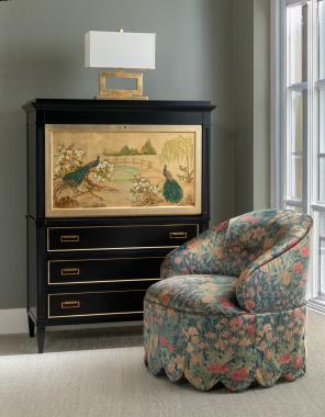 Room Scene: HC4613-27 - Queen Dorothy Swivel Chair shown in HC812-76-LIBERTY fabric with HC2948-32 7/8"buttons, HC5375-70 Alice Chest shown in Balck Lacquer finish and solid Gold leaf stripping, HC5375-70 Alice Deck shown in Black Lacquer finish and custom Artist  Studio painting.