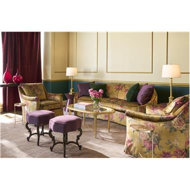 Room Scene: HC6701-90 Ariele Sofa shown in HC814-29-LIBERTY with HC2948-75 Optional welt and throw pillows shown in fabric HC457-04 with Self Welt, HC9509-SW Jules Swivel Chair shown in HC814-29-LIBERTY with Chair Frame in fabric HC457-57 Twine Welt  and 
back cushion & seat cushion in fabric HC457-57 Pencil Welt,  HC2579-10 Bristol 
Oval Cocktail Table, HC3088-70 
Brooke Spot Table shown in Benjamin Moore Bordeaux Red 1365
lacquer paint, HCP293-STK Martina Spot Table HC1612-30 Anastasia Bench shown in fabric HC457-04 with self welt and Java finish.