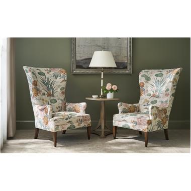 Room Scene: Hc8500-55 Bird Wing Chair shown in fabric HC802-99-LIBERTY with Truffle finish and HC9186-70 Wales Side Table shown in Weathered Mineral finish.