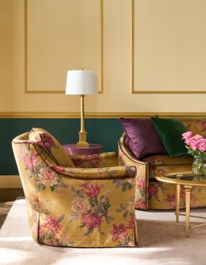 Room Scene: HC6701-90 Ariele Sofa shown in HC814-29-LIBERTY with HC2948-75 Optional welt and throw pillows shown in fabric HC457-04 with Self Welt, HC9509-SW Jules Swivel Chair shown in HC814-29-LIBERTY with Chair Frame in fabric HC457-57 Twine Welt  and 
back cushion & seat cushion in fabric HC457-57 Pencil Welt,  HC2579-10 Bristol 
Oval Cocktail Table, and HC3088-70 
Brooke Spot Table shown in Benjamin Moore Bordeaux Red 1365
lacquer paint.