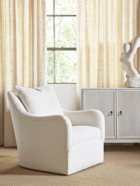 HC9509-CH Jules Swivel Chair with B3-Upholstered
Base, AR3-Saddle Arm and in fabric HC401-10. and HC4600-C3 Textures Six Door Credenza shown in optional Weathered White paint
with F5 Reeded Doors, SL Saber Legs, N2 Antique Bronze Drop Pull and P2 Centered
on Inner Edge Door placement